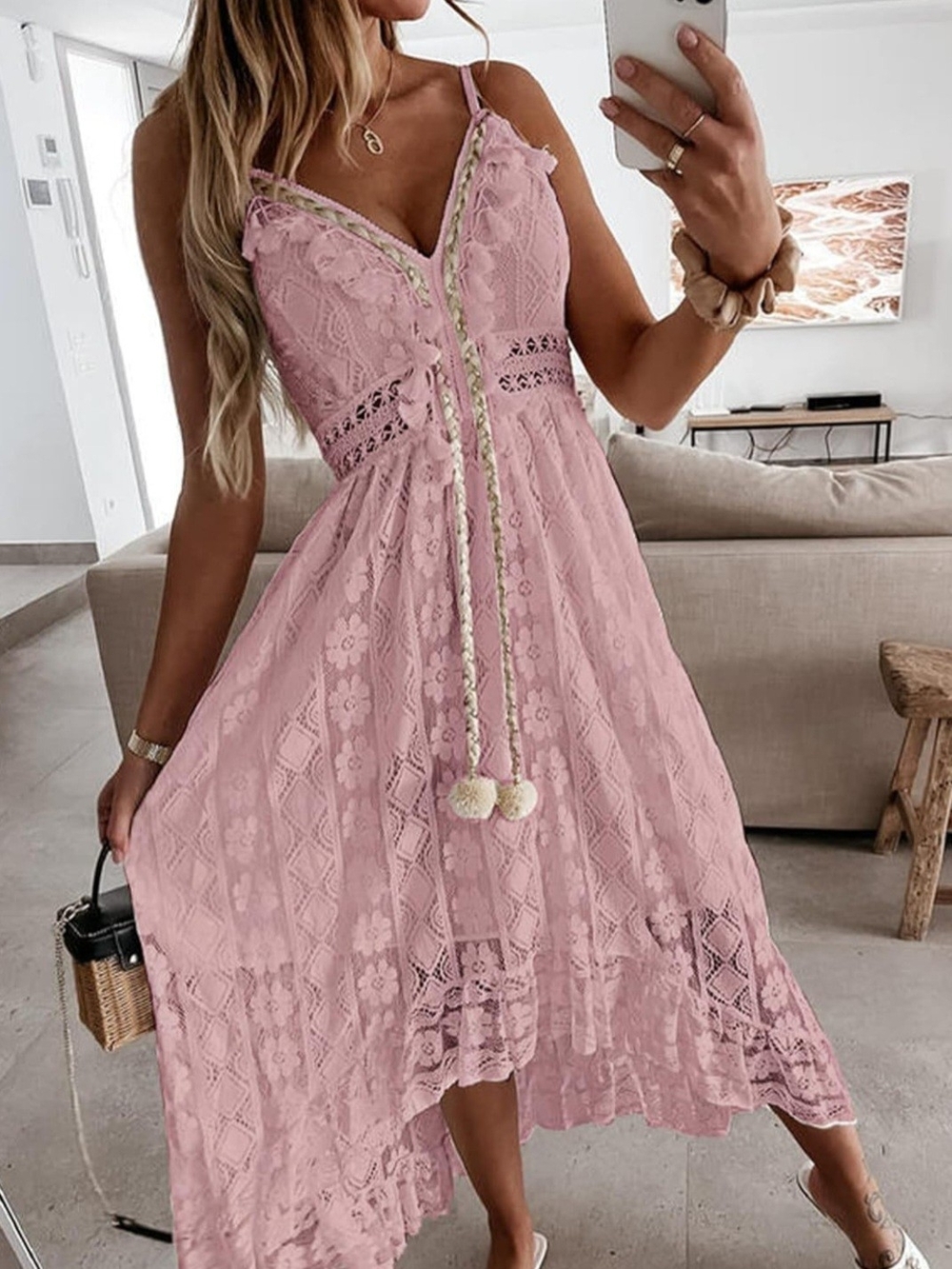 Cupshe Pink Lace High-Low Sundress